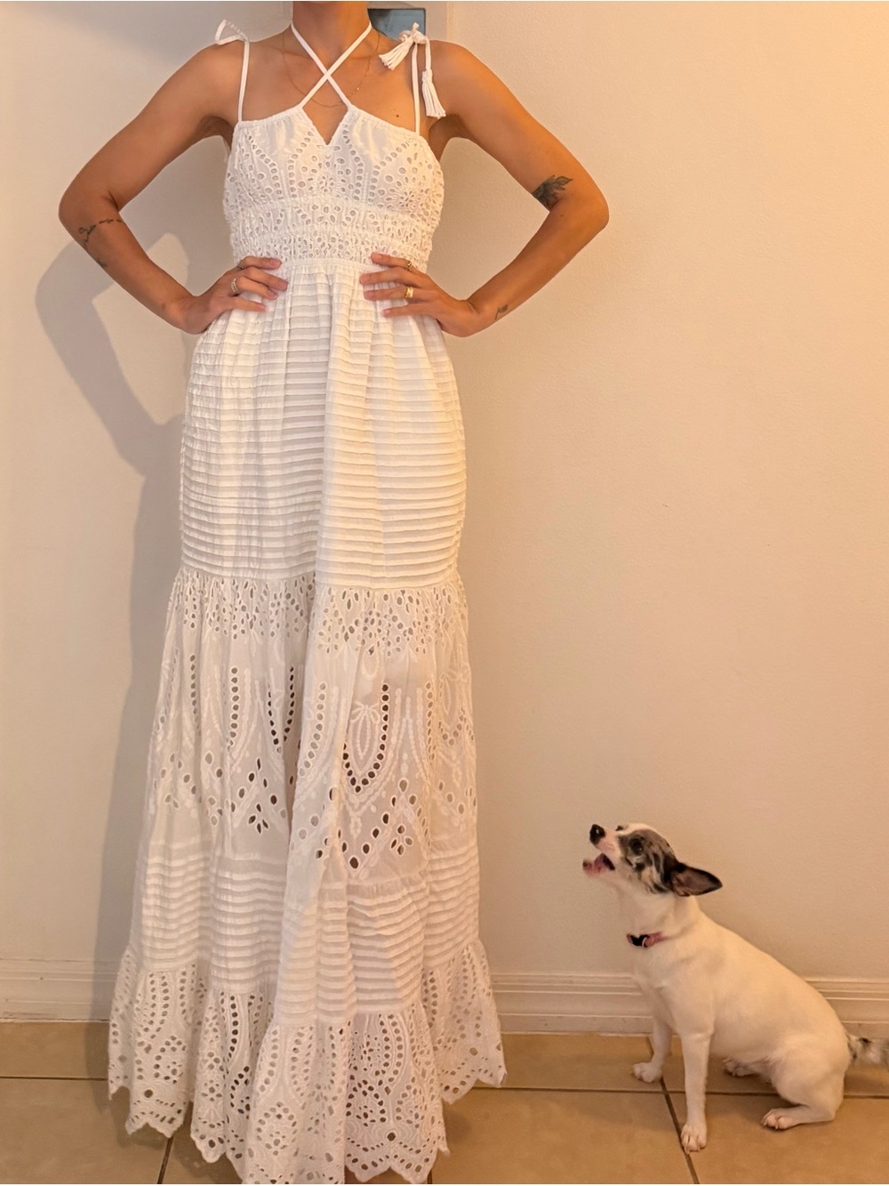 Boho White Eyelet Maxi Dress with Tie-Strap Shoulders
